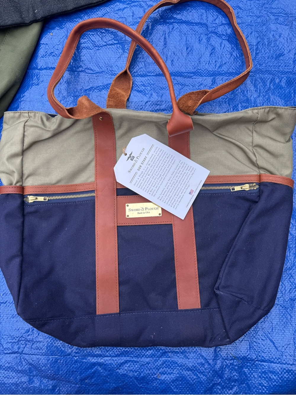 Sword & Plough Navy and Olive Canvas Tote with Brown Trim